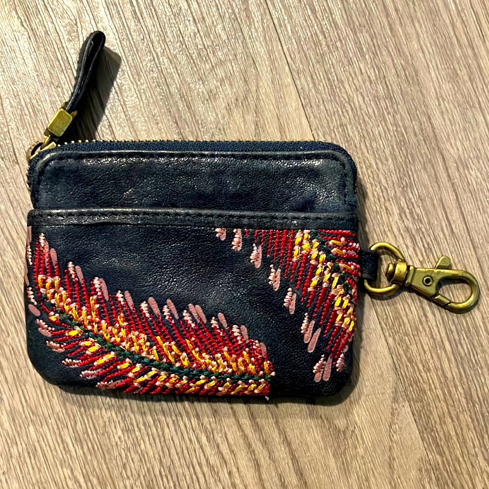 Embroidered Black Leather Coin Purse
